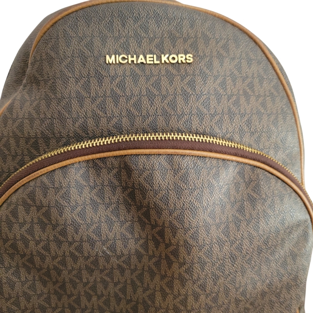​Michael Kors Abbey Medium Backpack Brown Signature MK Logo Print Gold Hardware - Picture 9 of 13
